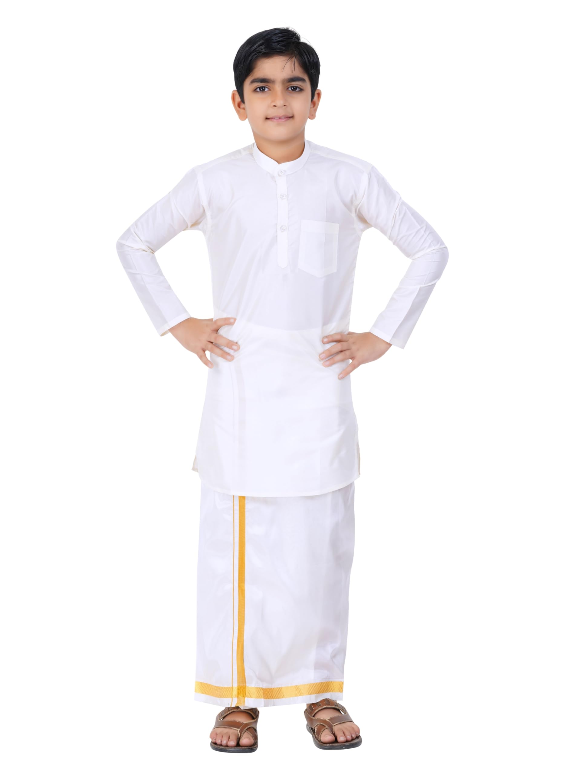 Prakasam Cotton Boys White Art Silk Long Sleeve Kurtha With Stitched Art Silk White Dhoti For Boys