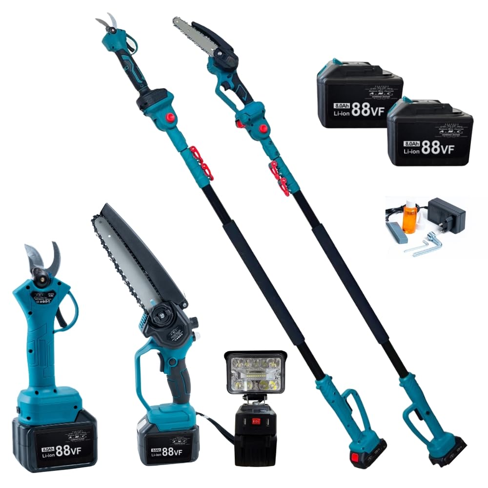 A.M.C. Forbice da Potatura a Batteria 88V, Motosega a Batteria 8 Pollici con oliatore + Asta Telescopica 128-248cm, Luce Led Kit 4 in 1, Cesoie Elettriche Set Potatura Giardino Rami Arbusti Vigneto