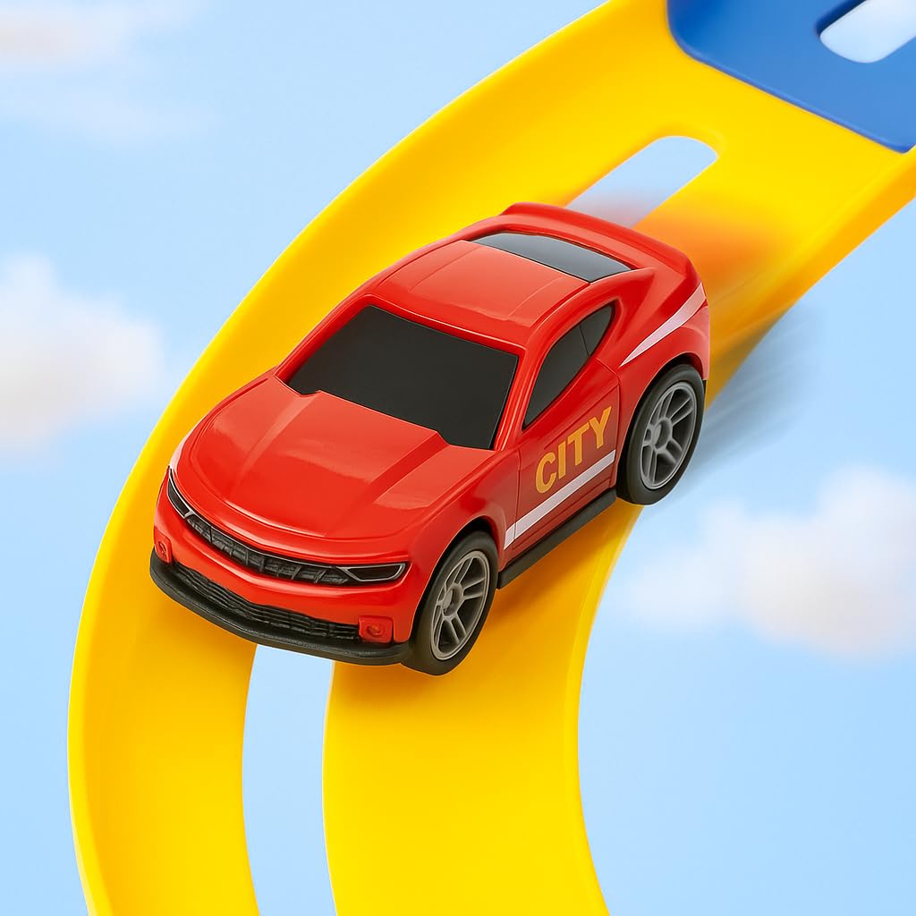 Fitto Adventure Rollo Coaster Theme Park Playset with Car Crane, Slide, Stunt Loop, and 8 Die Cast Cars