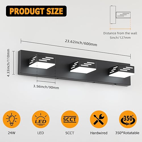 Miniatura 4 de Joosenhouse Lámpara de tocador de baño negra de 3 luces, 5CCT regulable, luces LED de tocador sobre el espejo, 23.6 pulgadas, 24 W, luces de espejo