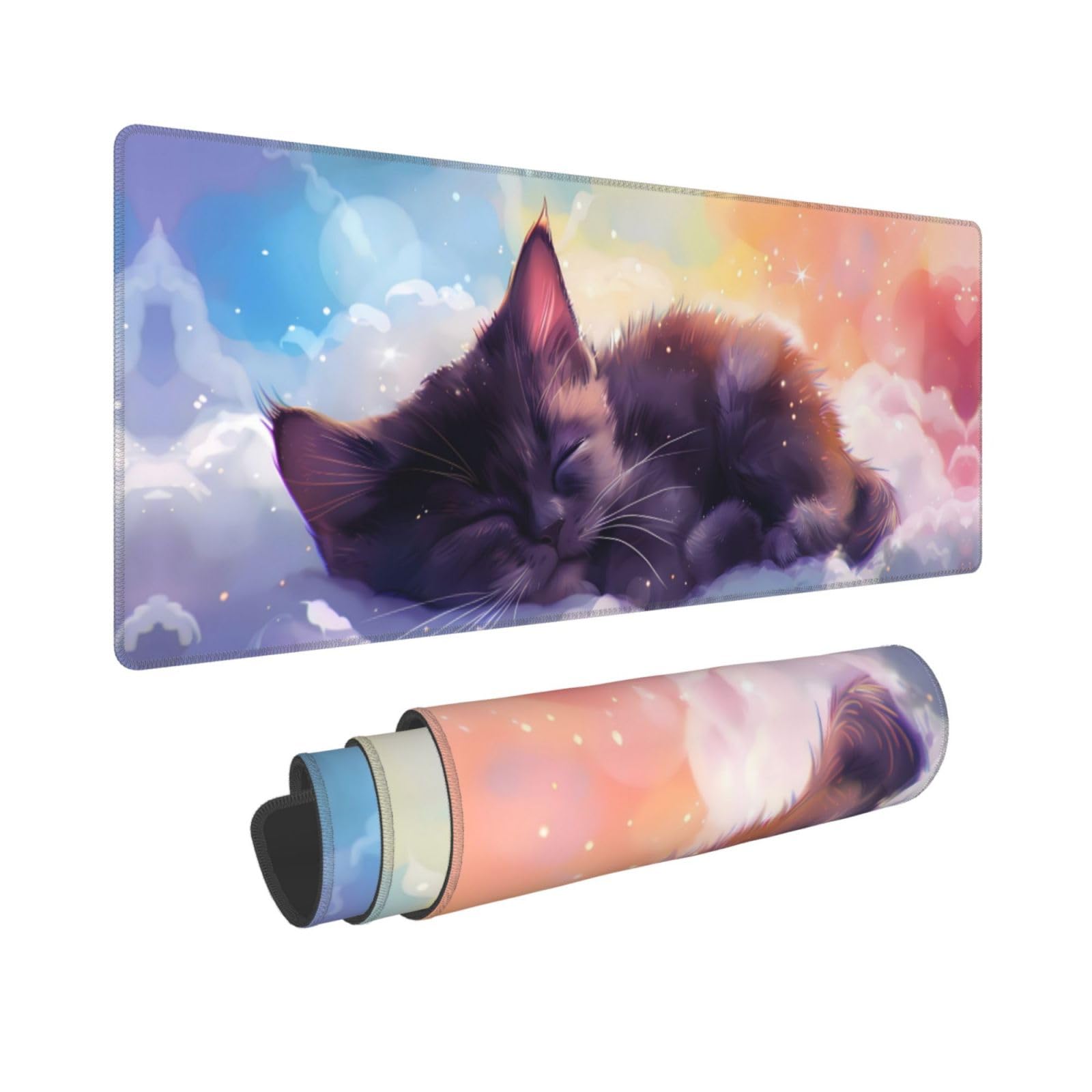 Alfombrilla de escritorio grande con estampado de gato durmiendo y nubes 8