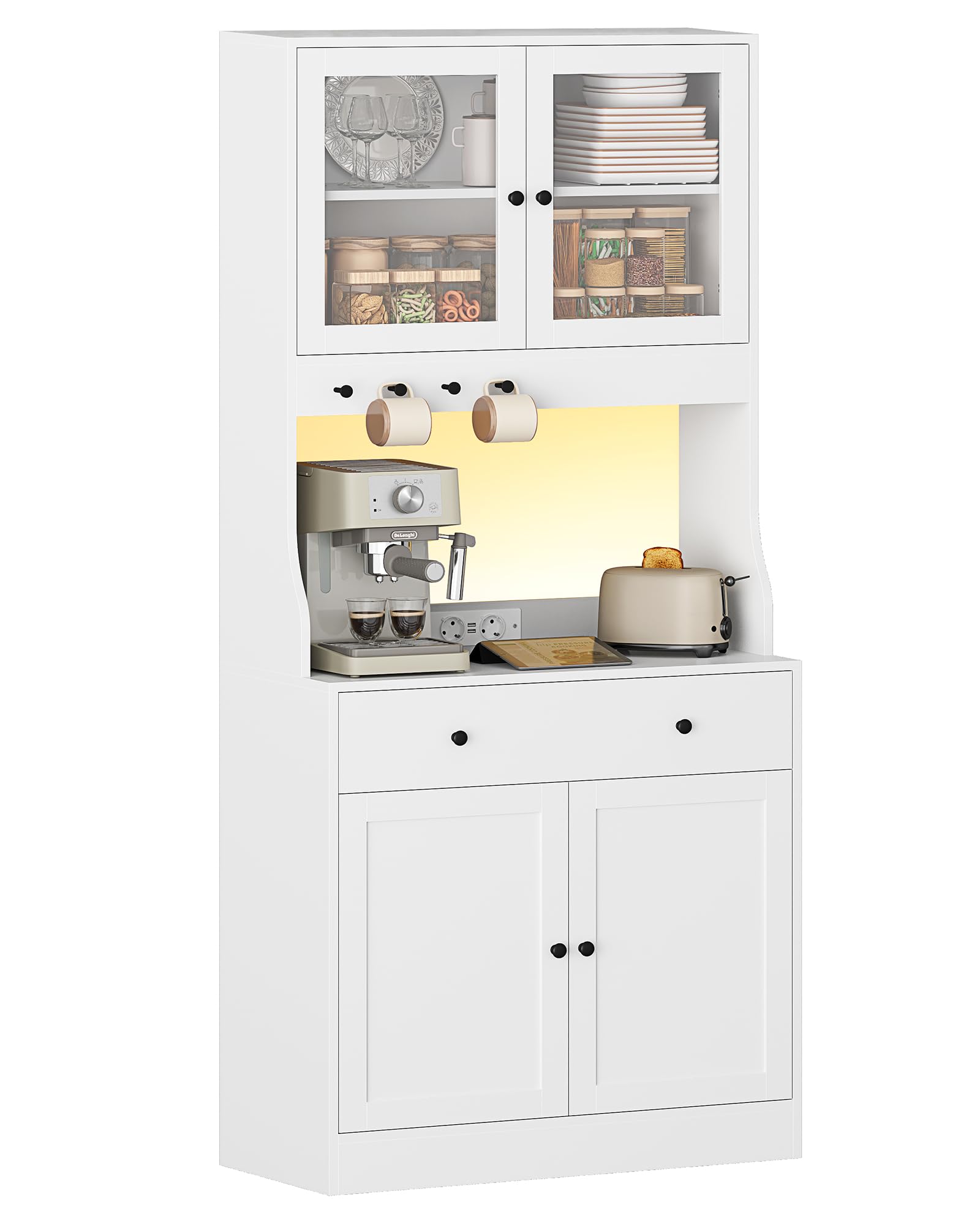 KIMENICH Credenza, Credenza Cucina con LED, Presa Elettrica, Ripiani Regolabili, Mobile Buffet con Cassetti, Armadio da cucina, Piano di Lavoro, Cucina, Sala da Pranzo, 80 * 40 * 180 cm, Bianca
