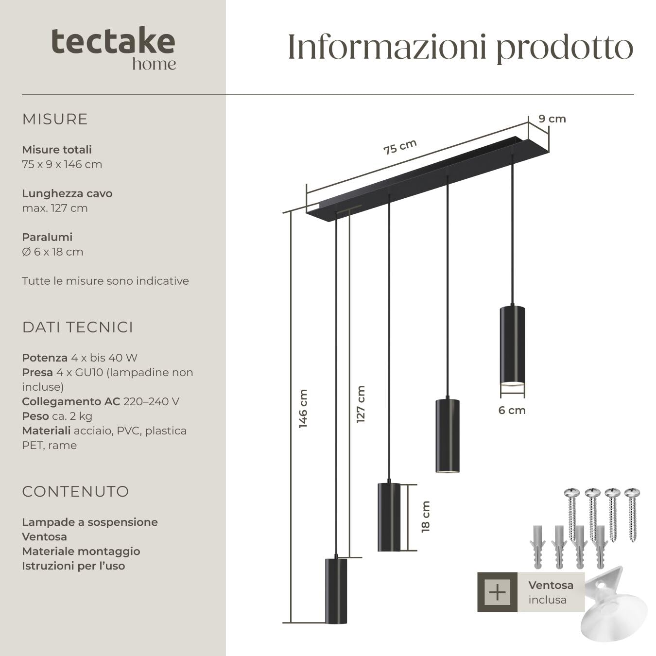 tectake® Lampadario Sospensione Industriale, Lampadario Soffitto 4 Fiamme, Paralumi in Acciaio, Lampada Sospensione Regolabile Moderna, Ideale per Soggiorno e Camera da Letto