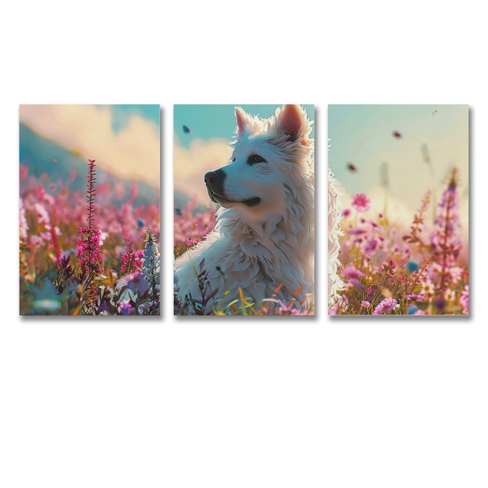 Amazon.co.jp: 3枚 花畑の犬 絵画 インテリア ポスター 動物イラスト 