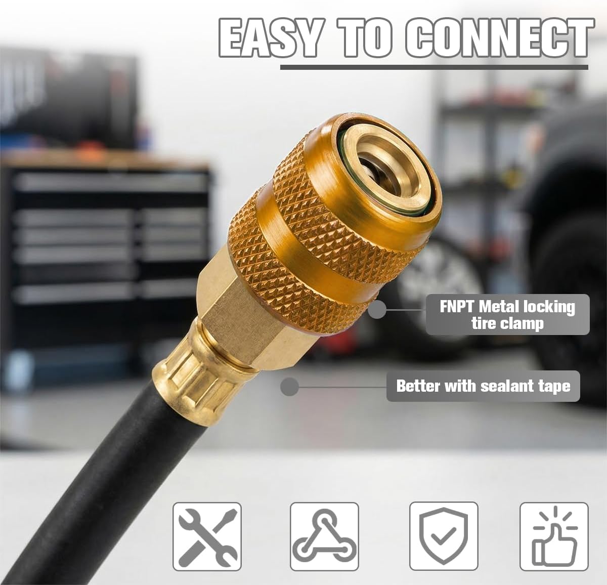2PCS Car Locking Air Chuck, 1/4" FNPT Metal Vehicle Closed Flow Tire Inflator Nozzle Valve, Lock-on Auto Quick Connect Air Chuck for Air Compressor & Pressure Gauge, Universal Fit (Golden) image 5