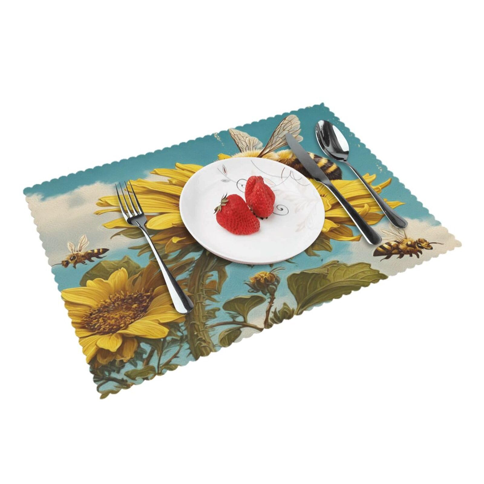 Sunflower Bee Sky Pattern Placemats Set of 4 Print Table Mats Place Mats Table Decor for Kitchen Dining 12X18 in