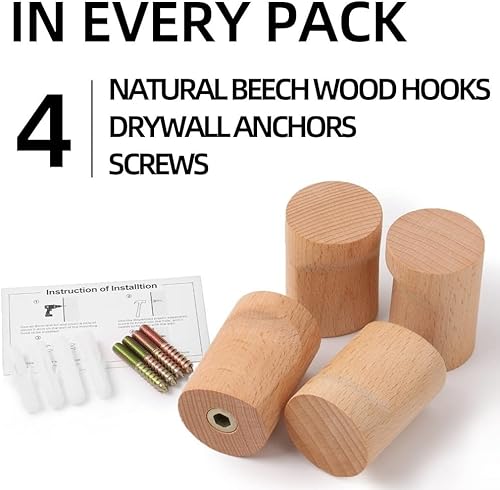 Miniatura 6 de Wood Towel Hooks, 4 Pack Coat Hooks Wall Mount, Wooden Pegs for Hanging Bag
