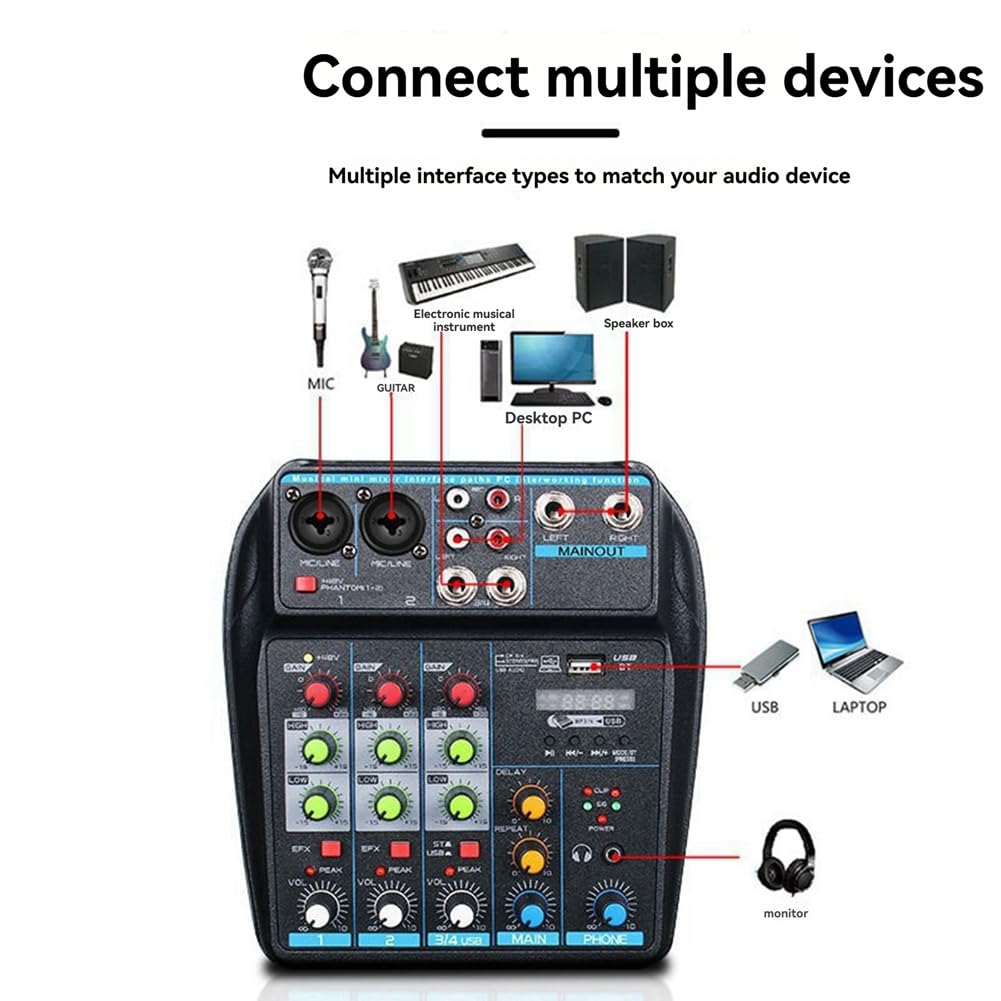 Console Mixer Audio USB Professionale A 4 Canali con Bluetooth, Capacità di Registrazione per DJ e Mixaggio PC