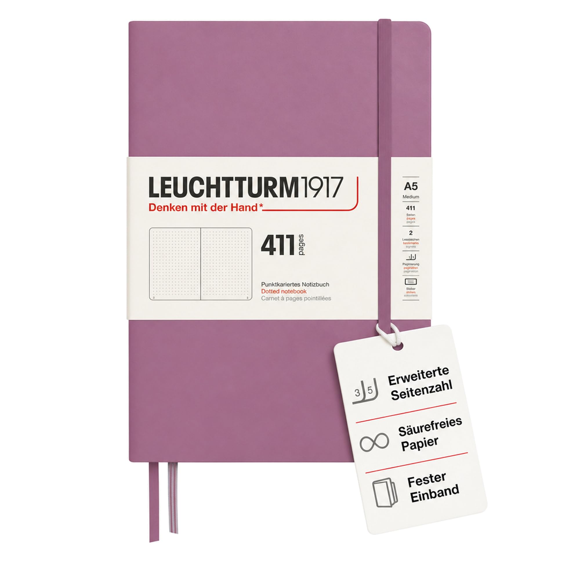 LEUCHTTURM1917 372922 Notebook 411 Medium (A5), Hardcover, 411 Numbered Pages, Dusty Rose, Dotted, More Thoughts, More Ideas, More Memories, More Pages
