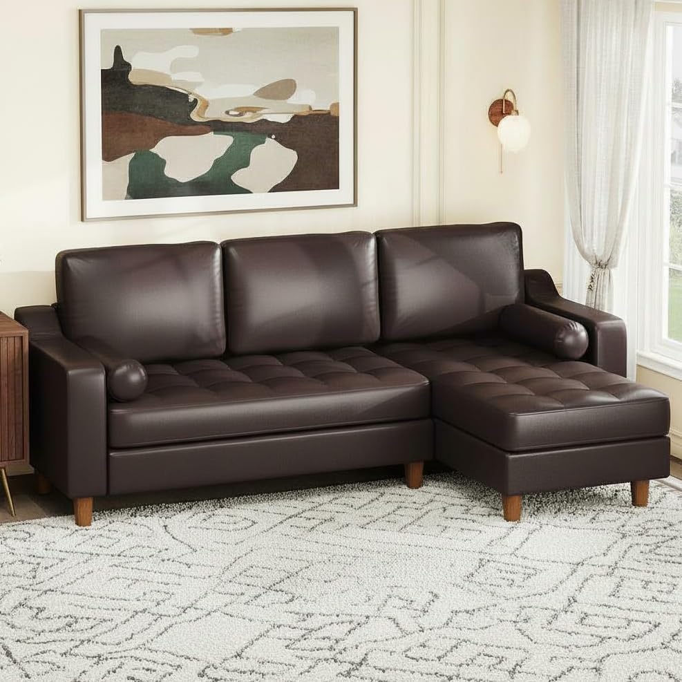 GarveeHome 88.9" L-Shape Sofa with Convertible Chaise Sectional Leather Sofa with Deep Seat Modern Mid-Century Sofa for Living Room Comfy Leather Couch Brown