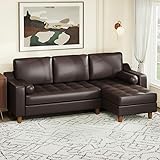 GarveeHome 88.9' L-Shape Sofa with Convertible Chaise, Sectional Leather Sofa with Deep Seat, Modern Mid-Century Sofa for Living Room, Comfy Leather Couch, Brown
