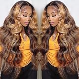 BELE Ombre Highlight 4/27 Color 13x6 Transparent HD Lace Front Wig Human Hair Brazilian Virgin Body Wave 180% Density Lace Front Glueless Wig Pre Plucked with Baby Hair 20inch for Women