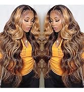 Echthaar Perücke Schwarz Frauen 180% Density Ombre 4/27 Body Wave 13x4 Lace Front Wig Highlight 4...