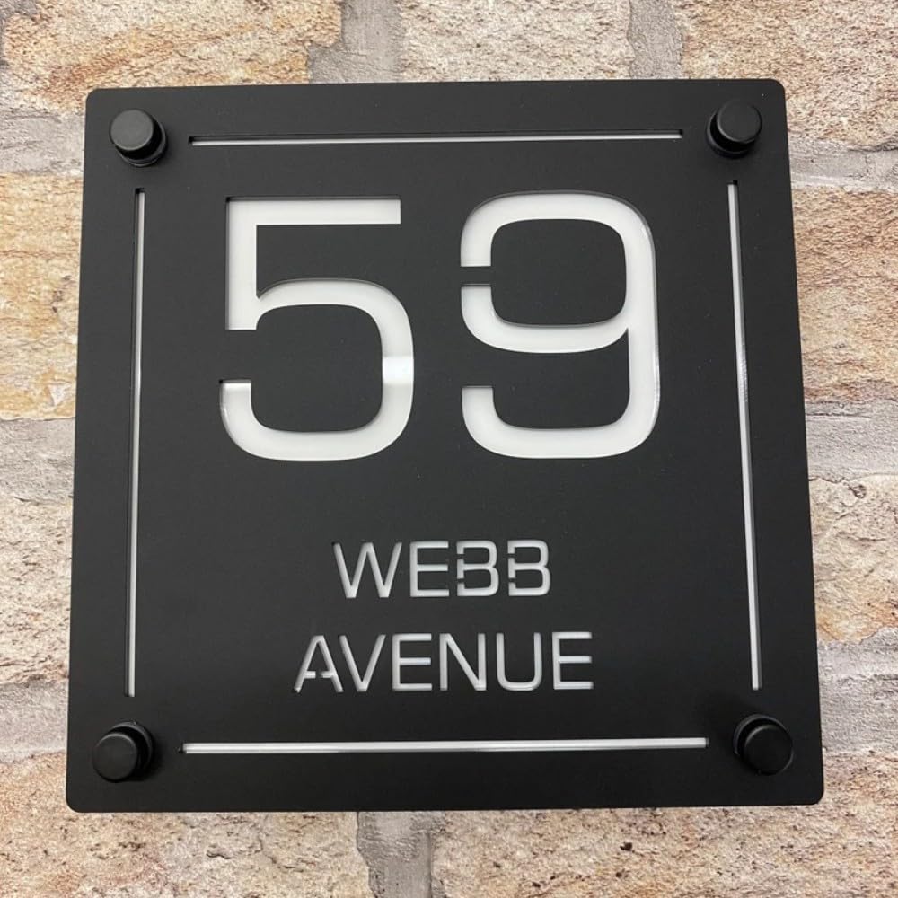 One of a Kind UK Personalised House Sign Custom Door Number Plaque for Outside with Street Name 180x180mm UV Stable Weatherproof Acrylic 7 Colour Options Modern Floating Design – Black