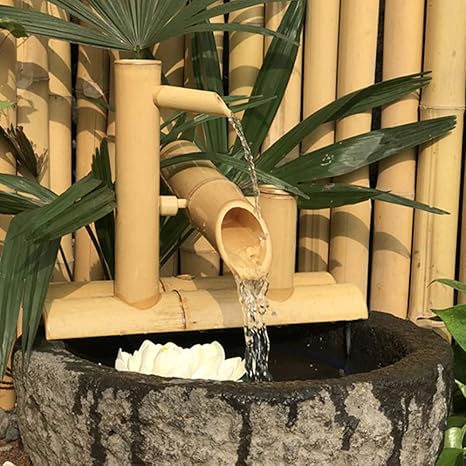 Image Bamboo Water Feature Water Fountain W/Pump Garden Backyard Pond Decoration Water Flowing Feature (Length 60cm)