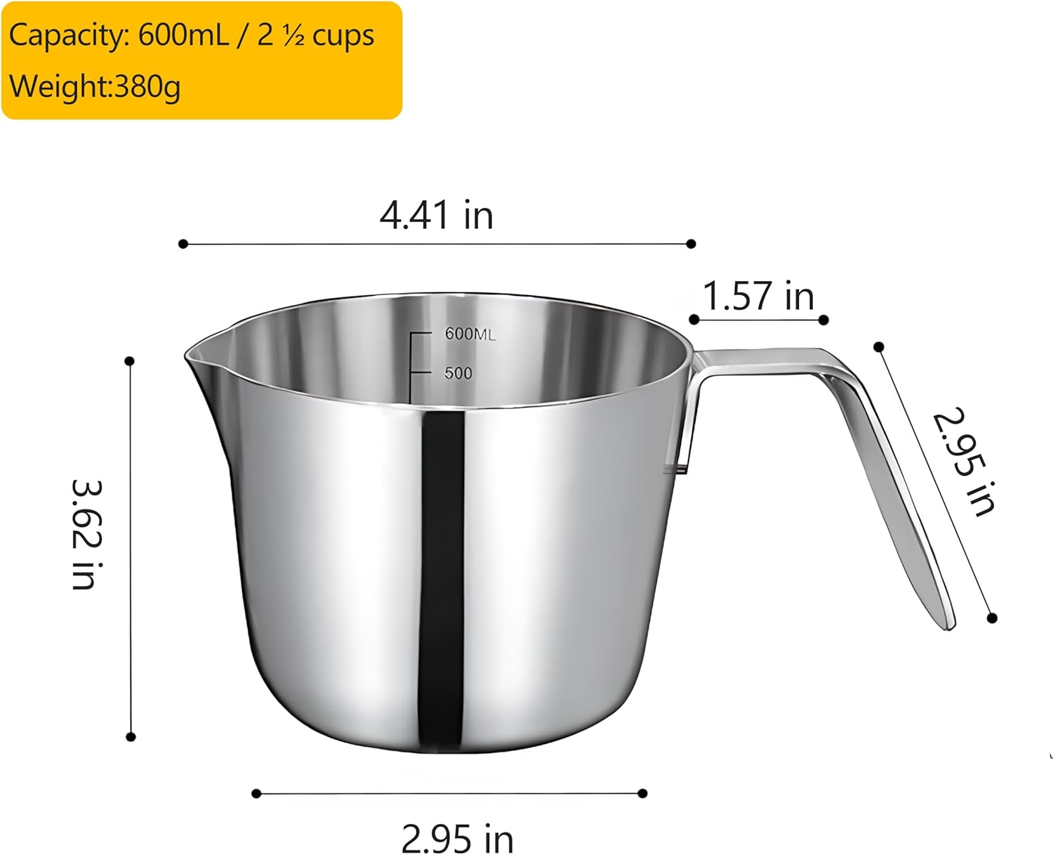 Stovetop Measuring Cup 600ml (2.5 Cup), Stainless Steel Butter Melting Cup with Handle & Spout, Heating Measuring Cup for Milk, Sauce, Small Batch Cooking