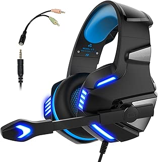 Micolindun Gaming Headset for Xbox One, PS4, PC, Over Ear Gaming Headphones with Noise Cancelling Mic LED Light, Stereo Bass Surround, Soft Memory Earmuffs for Smart Phone, Laptops, Tablet