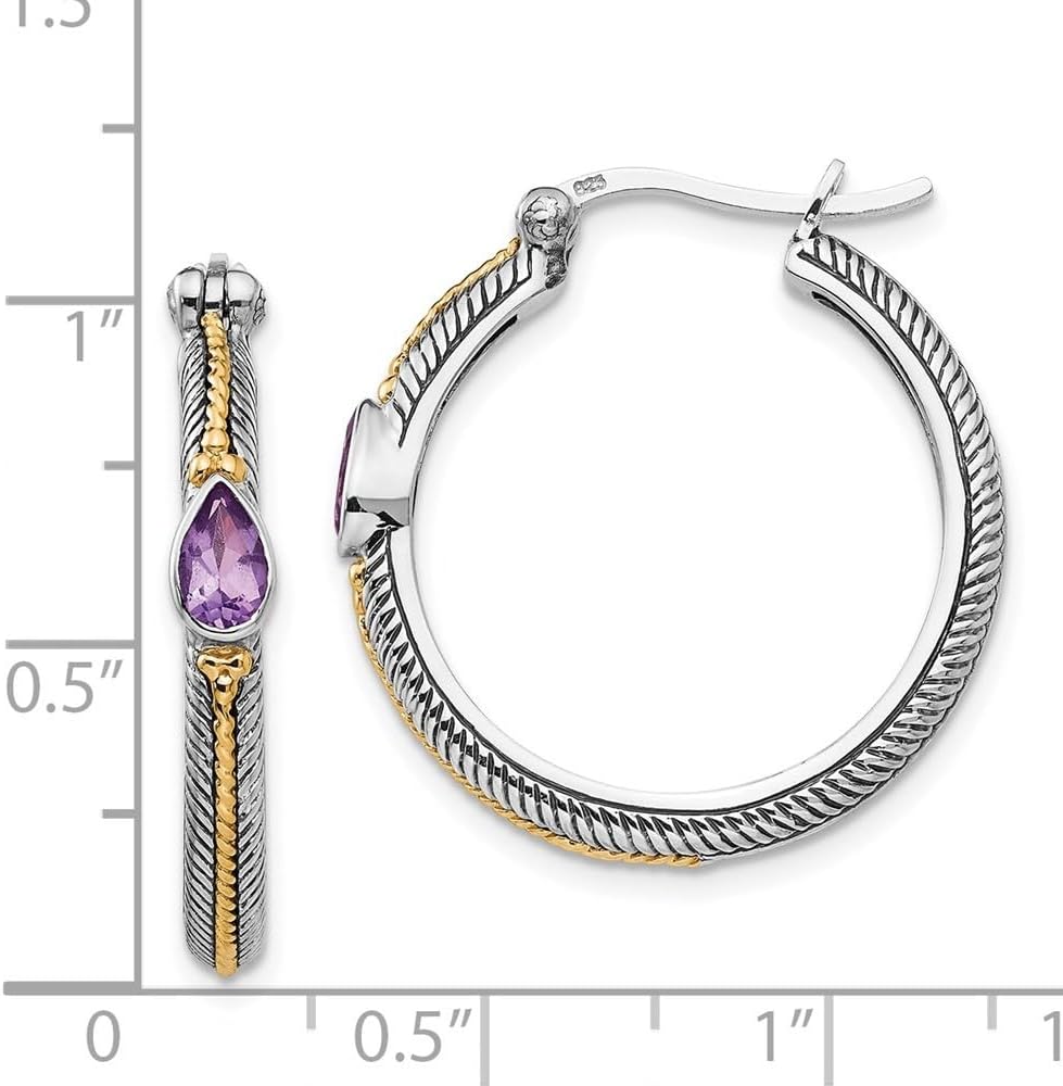 Diamond2Deal Sterling Silver with 14K Accent Antiqued Pear Shaped Amethyst Hoop Earrings (L-1.1 Inch, W-1.02 Inch)