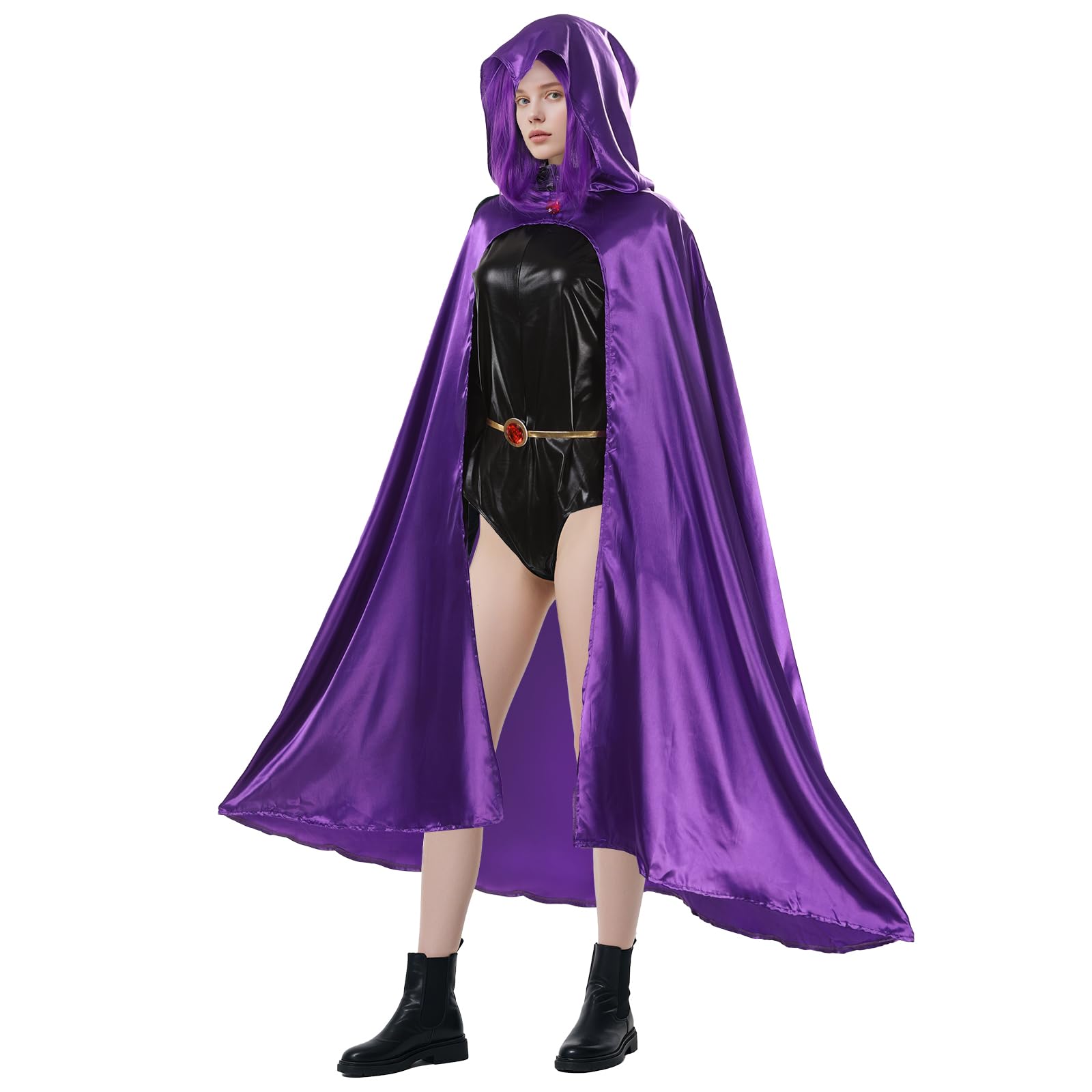 Batbblxn Purple Superhero Raven Costume Women Set Hooded Cape Cloak Bodysuit Gem Belt & Wig Gothic Halloween Fancy Dress for Women Cosplay Party (Medium) - Image 2