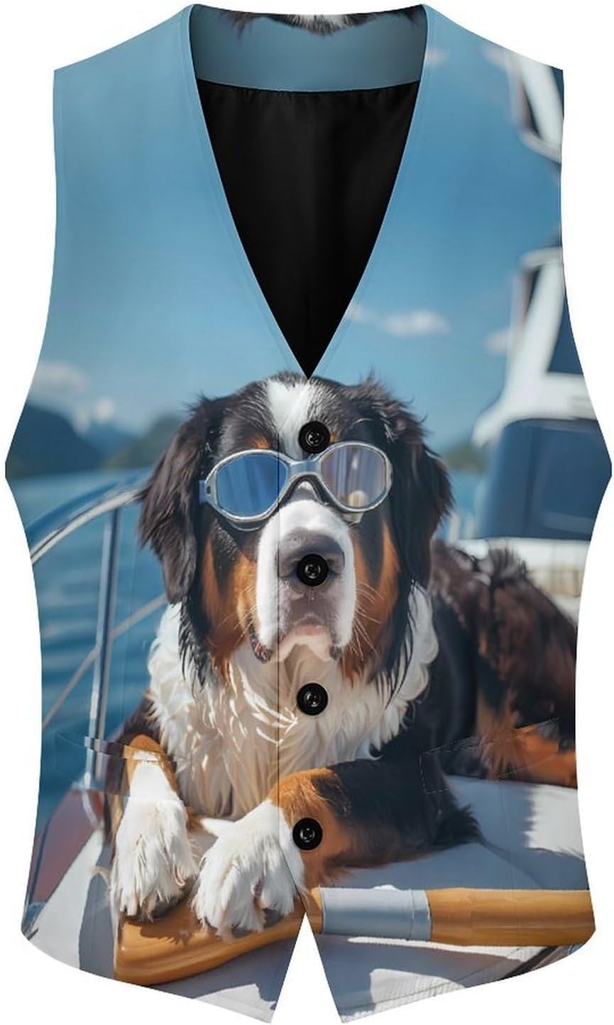 Swiss Mountain Dog Ocean Boat Time Mens Suit Vests V-Neck Casual Vest Dress Formal Tuxedo Wedding Waistcoat