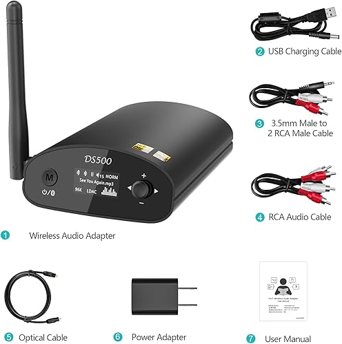 Miniatura 8 de 1Mii DS500 LDAC Bluetooth Hifi Receptor, Adaptador de audio Bluetooth 5.1 de largo alcance con DAC audiófilo, aptX HD y baja latencia, pantalla OLED