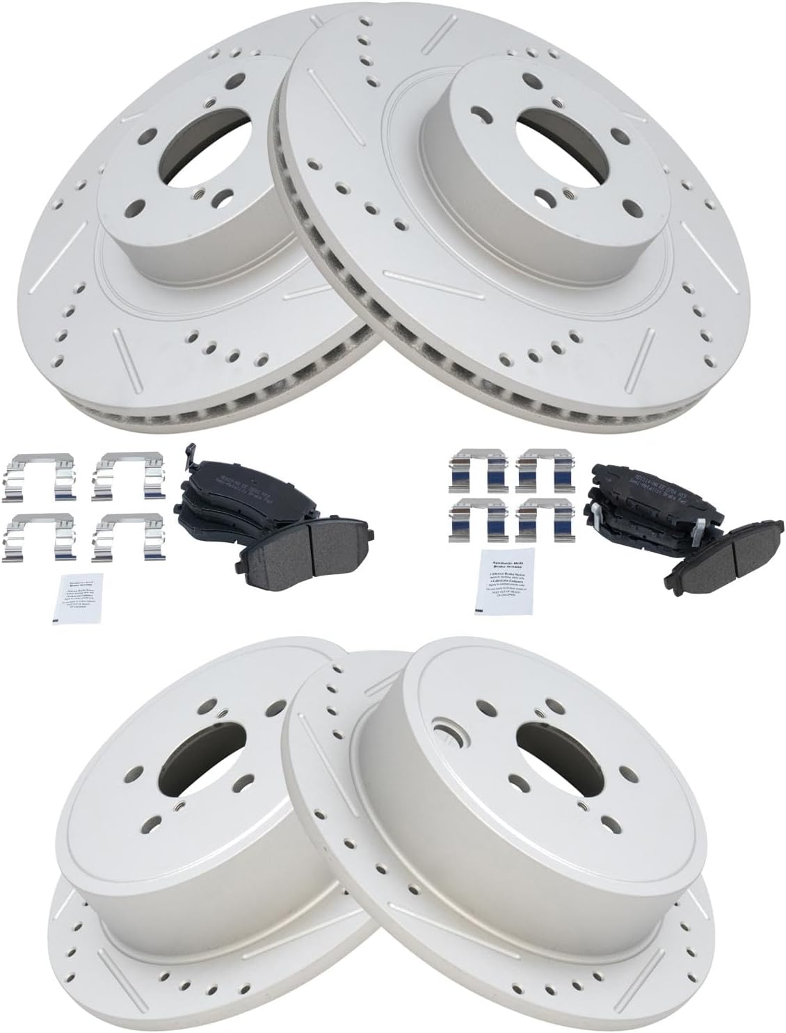 TRQ Front and Rear Brake Pad and Rotor Set Semi Metallic Coated Drilled Slotted Vented Solid Rotors Compatible with 2009-2010 Subaru Forester 2008-2010 Impreza 2010-2012 Legacy Outback