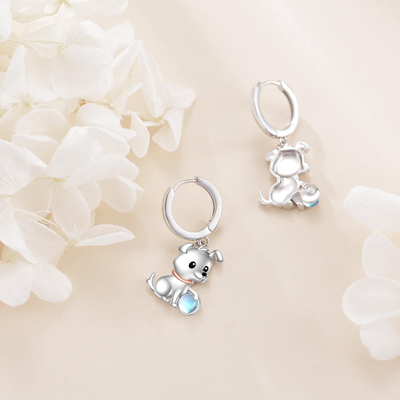 Katze/Hund Creolen für Damen 925 Sterling Silber Tier Mondstein Ohrringe Tier Ohrringe Katzen Schmuck Geschenke für Mädchen Kinder