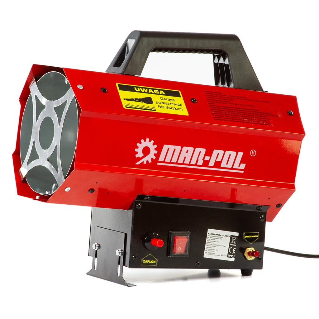 Riscaldatore gas 30kW con tubo 1,5 m e riduttore, struttura metallica resistente, accensione rapida, aria calda pulita, ideale per cantieri, magazzini e spazi ben ventilati