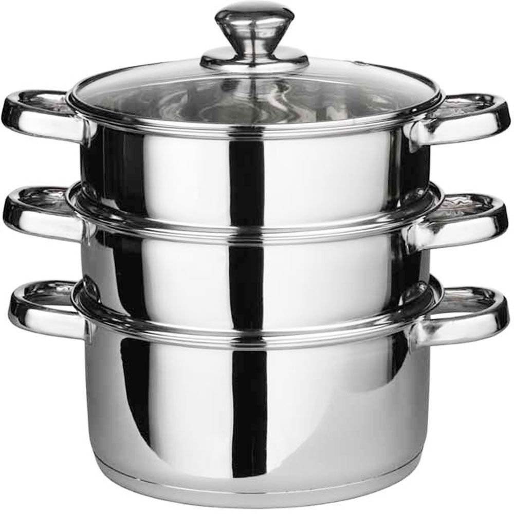 Pristine Tri Ply Induction Base Stainless Steel 3 Tier Multi Purpose Steamer with Glass Lid, 18 Cm, 1Piece (3 Separate Tiers), Silver