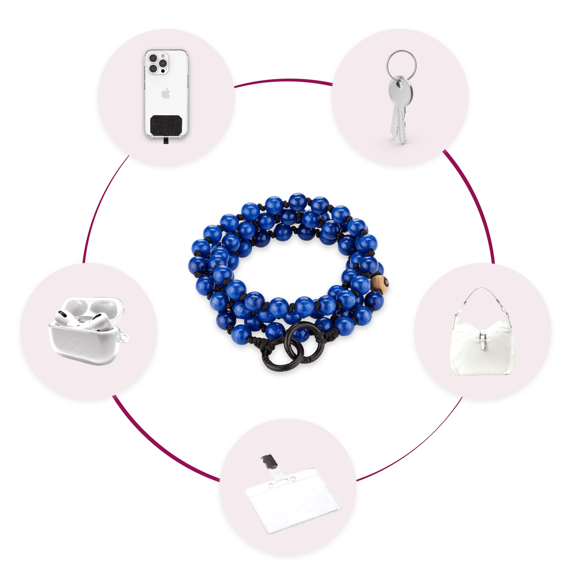 Collar para teléfono móvil, cadena de cuentas de madera en varios colores y longitudes, compatible con teléfonos móviles como Apple iPhone 14, 13, 12, 11, etc., 110cm, Metal no precioso