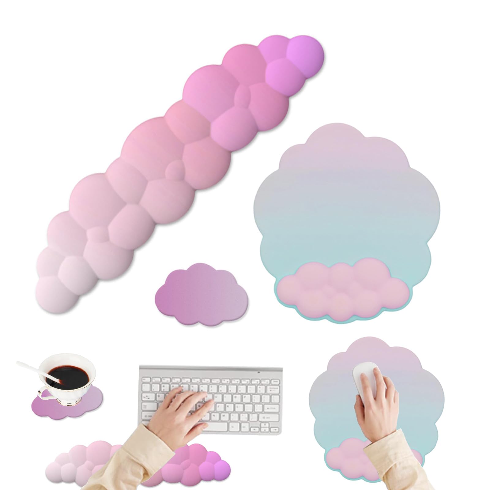 Cloud Mouse Keyboard Wrist Rest:Cute Wrist Rest Set -Ergonomic Memory Foam Wrist Support Pad with Non-Slip Base for Typing Pain Relief - for Computer Keyboard Laptop Offices (Cyan/Pale Purple/Pink)
