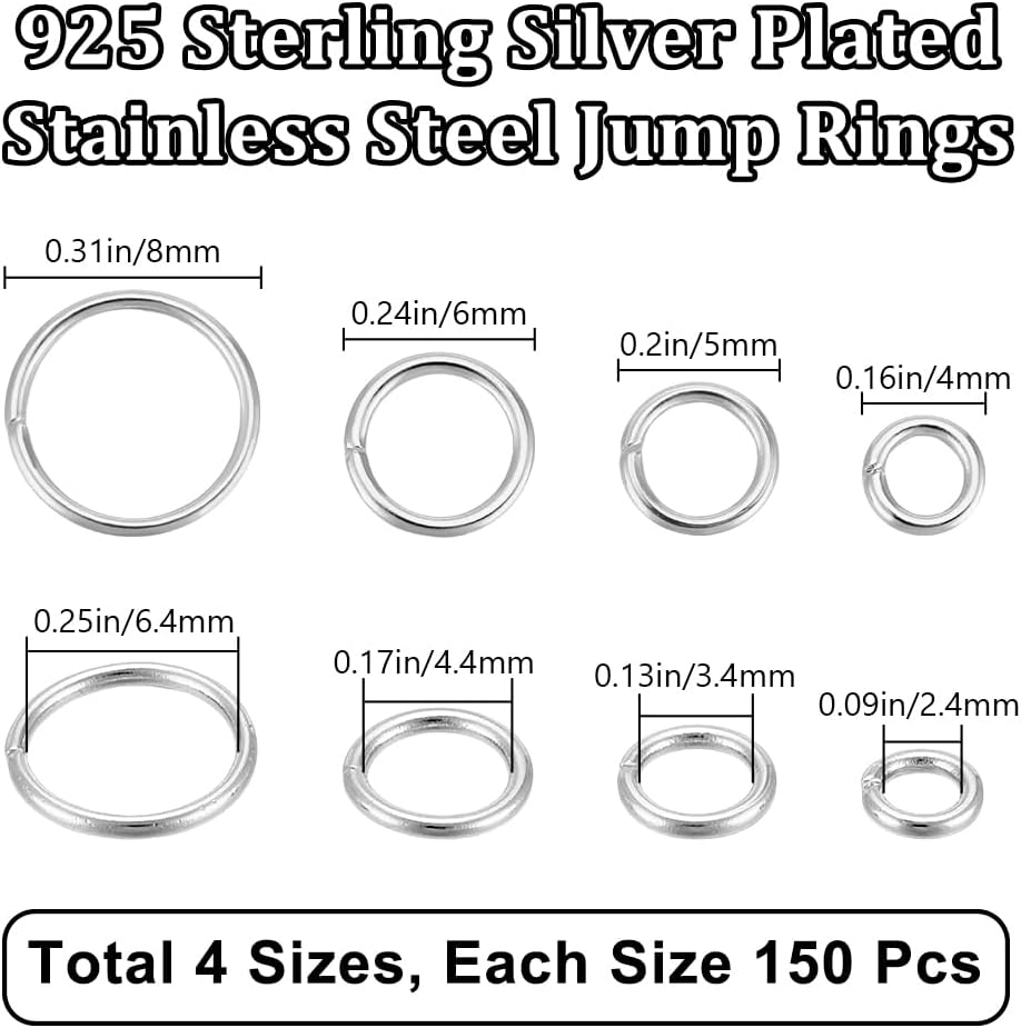 Beebeecraft 600Pcs 4 Sizes Jump Rings 925 Sterling Silver Plated 304 Stainless Steel Open Connector Ring Silver Bulk 20 Gauge for Jewelry Making DIY 4mm/5mm/6mm/8mm - Image 2