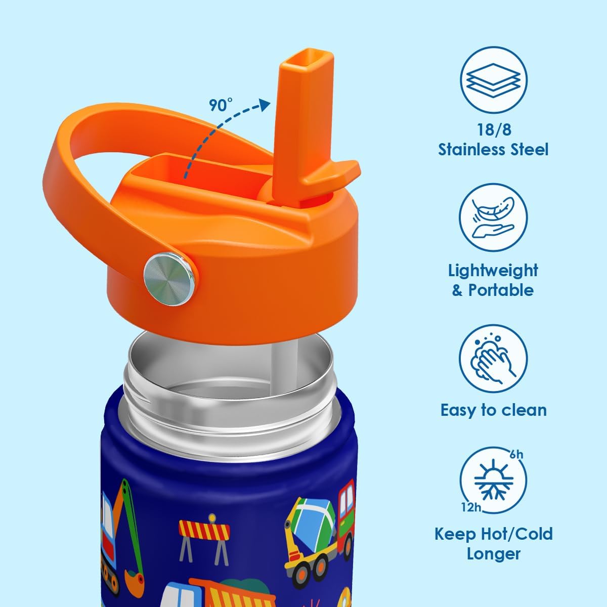 SANDJEST Kids Water Bottle with Straw Lid, Pack of 2 Insulated 12 Oz Stainless Steel Water Bottles for Boys, Travel Cup for School Sports, Construction - Transportation - Image 2