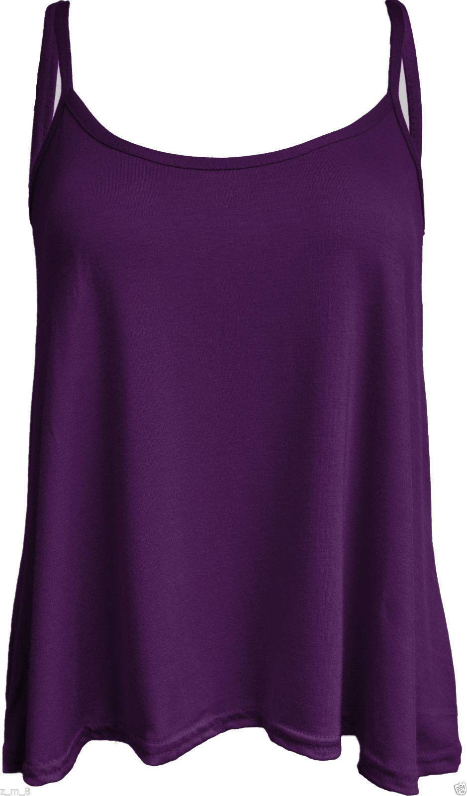 Ladies Women Plus Size New Camisole Cami Plain Printed Strappy Swing Vest Top Flared Sleeveless (Purple, XXXL UK 24-26)