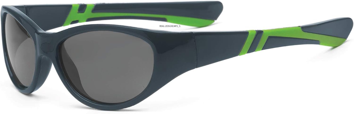 Real Kids Shades Discover Sunglasses for Toddler, Kid, Youth - 100% UVA UVB Protection, Polycarbonate Lenses, Unbreakable, Wrap Around Frames (Youth 7+, Graphite/Lime, Polarized)
