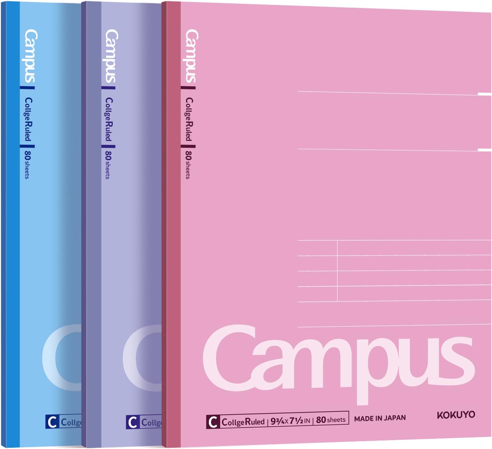 KOKUYO Campus Notebook, 9-3/4“ x 7-1/2”, College Ruled, 80 Sheets (160 pages), Bleed Resistant, Pack of 3 Colors - Pink, Blue, Lavender, Made in Japan (WSG-NO-308CG1×3)