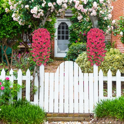 Image of Bassion 2 Pack Artificial Hanging Petunias Flowers for Outdoors, Rose Red | UV resistant, silk fake flowers, hanging morning glory trailing vines, porch garden spring summer planter decoration