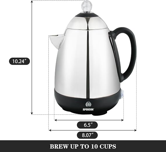 APOXCON Electric Coffee Percolator, Stainless Steel, with Clear Brew Progress Knob, No-Drip Spout, Auto Keep Warm, Cordless Serving, 10 Cup, Silver