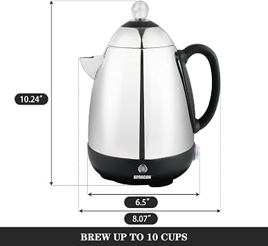 APOXCON Electric Coffee Percolator, Stainless Steel, with Clear Brew Progress Knob, No-Drip Spout, Auto Keep Warm, Cordless Serving, 10 Cup, Silver