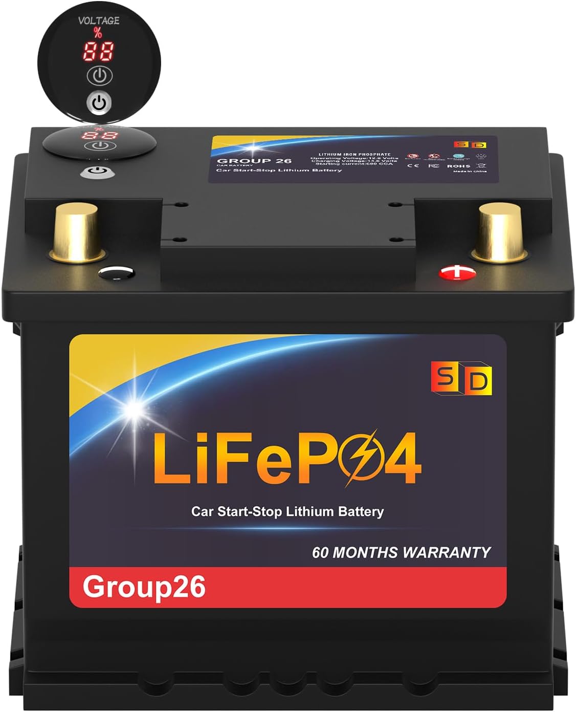 Lithium Car Battery Start and Stop, 12.8V 576WH Group 26 LiFePO4 Automotive Battery For Car, Starter Battery Plus Deep Cycle Performance, 60 Months Warranty