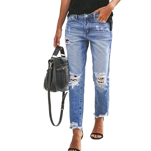 Astylish Womens Plaid Patch Ripped Boyfriend Distressed Stretch Skinny Denim Jeans with Hole