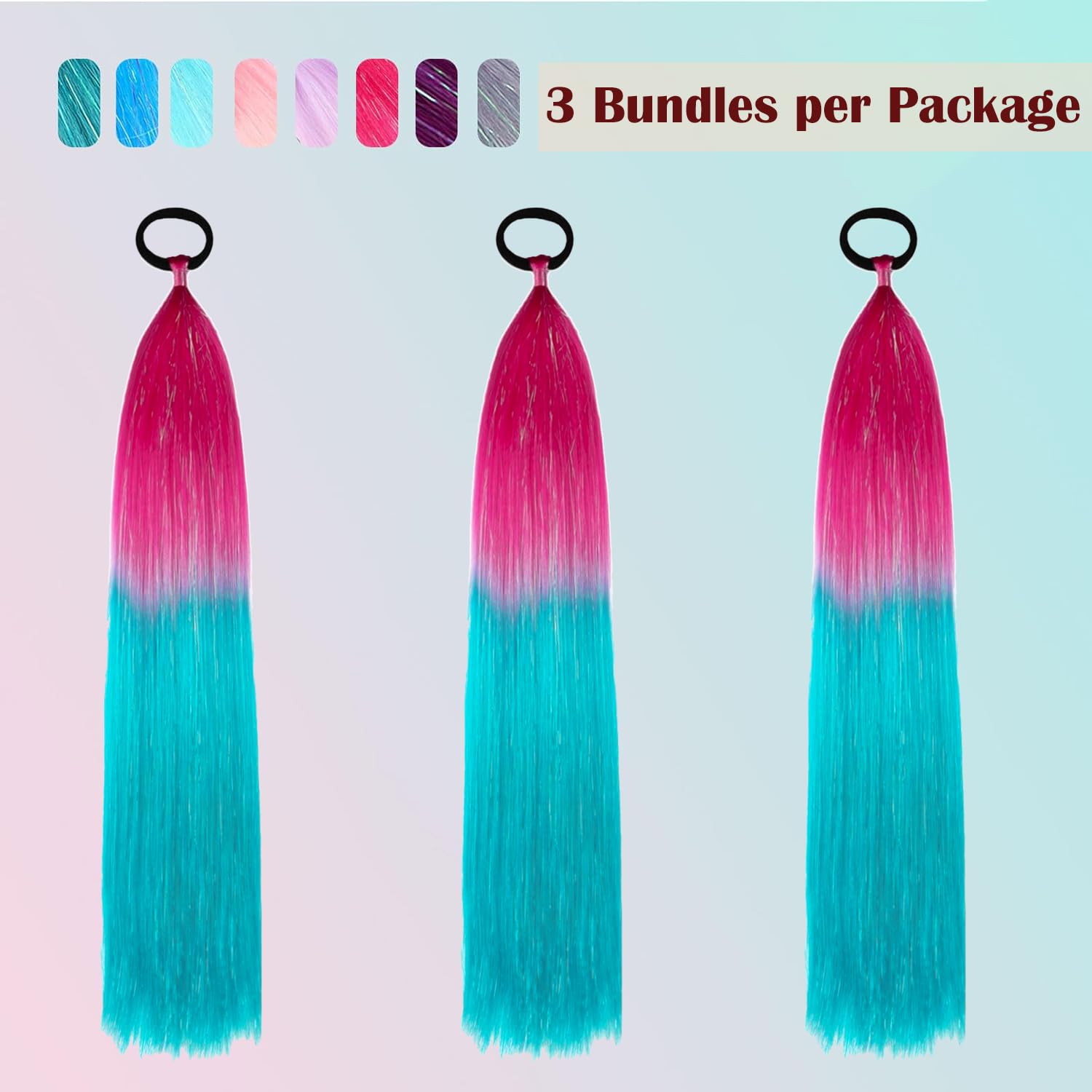 PORSMEER 3 Packs Ponytail Extension 24 inch Red to Cyan Colored Hair Extensions Tinsel Mixed for for Girl Women Braiding Ombre Pony Tail Glitter Hair with Tie Rave Crazy Hair Day - Image 3
