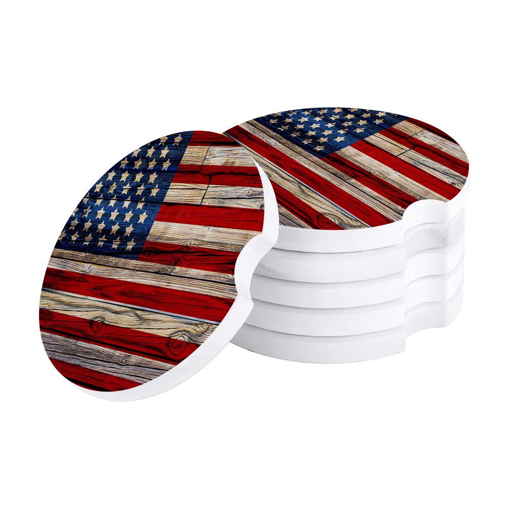 Absorbent Car Coasters for Cup Holders 4th of July Vintage American Flag Coasters, Small 2.56inch Ceramic Stone Drink Coaster for Women Men Auto, Set of 4 Pack, Independence Day Memorial Day Gift