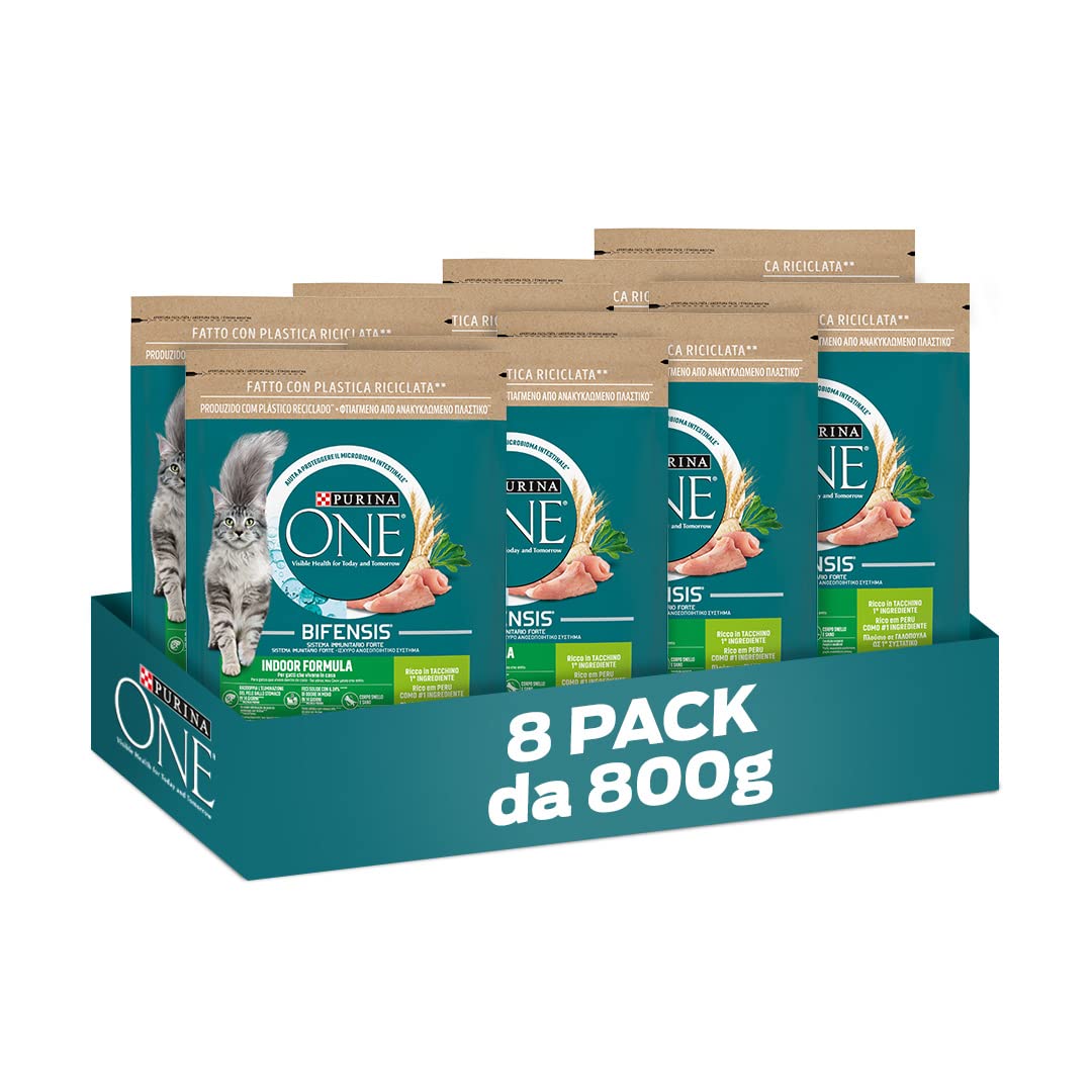 PURINA ONE Bifensis Crocchette per Gatti Adulti Ricco in Tacchino e Cereali Integrali 8 Sacchi da 800g