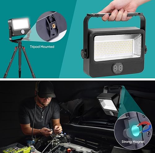 Miniatura 6 de Luz de trabajo LED de 100 W recargable con soporte, luz solar recargable al aire libre luces de camping con magnético, 4 modos, luz de inundación