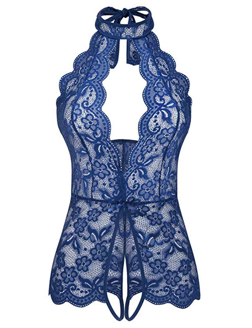 DODOYUEEWomen One Piece Lingerie Lace Sexy Baby Dolls Teddy Sleepwear Halter Teddy Bodysuit