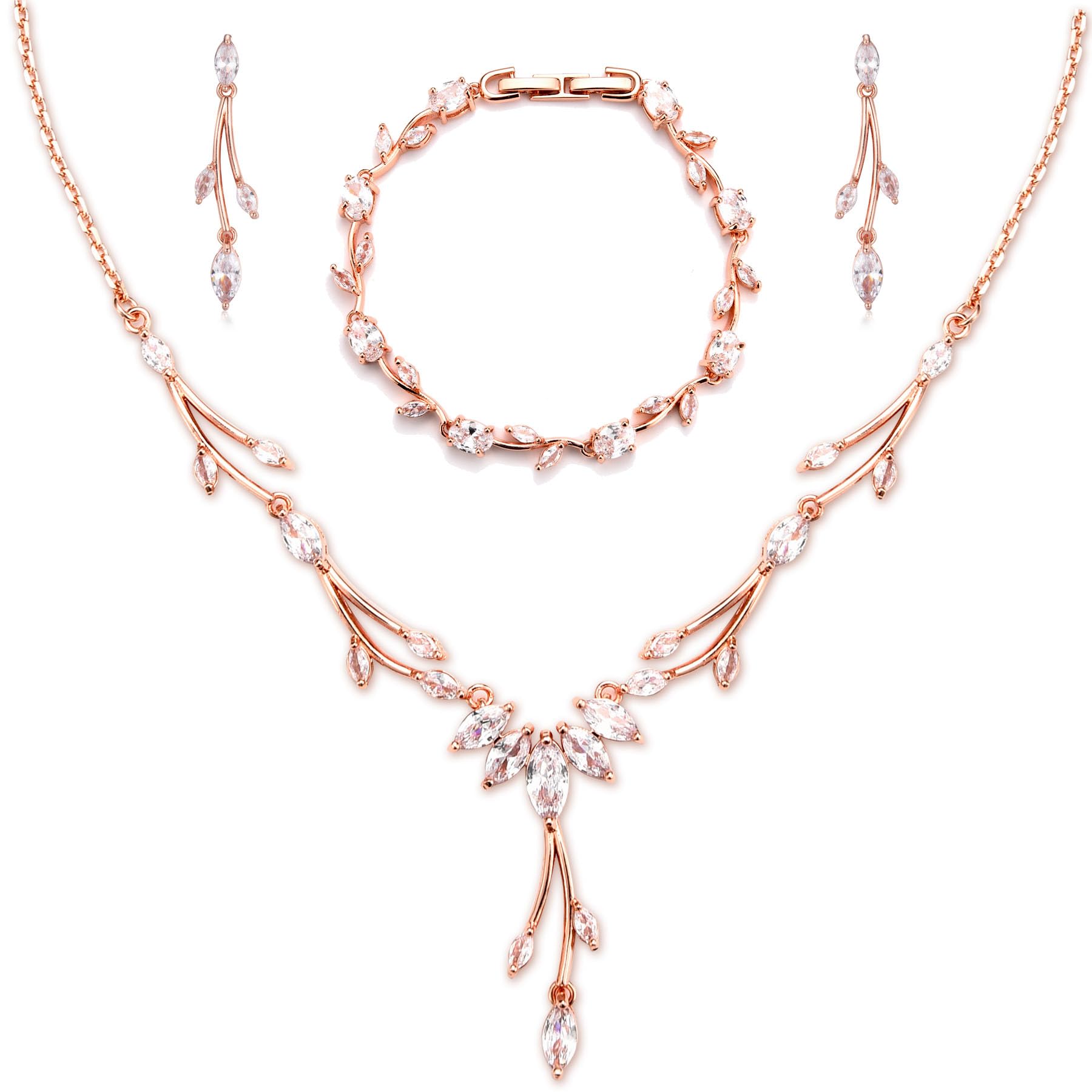CERSLIMO Parure de bijoux argenté/doré/or rose - Ensemble de bijoux de mariage - Avec zircone cubique 5A - Collier et boucles d'oreilles - Plaqué or blanc - Avec boîte cadeau - Cadeau pour femme