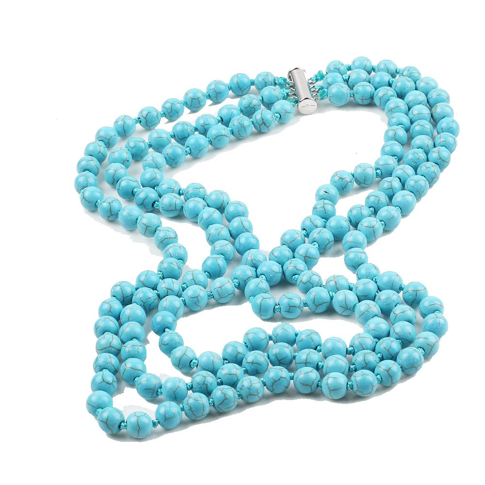 VN JewelryTreasureBay Women's Necklace 8mm Turquoise Gemstone Triple Rows Layers Necklace With Sliding Clasp