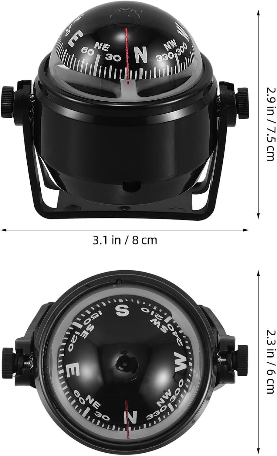 Car Compass Ball Magnetic Declination Corrected Dashboard Mount Automotive and Marine Navigation Compass for Boat and Vehicle Use Black Without Light
