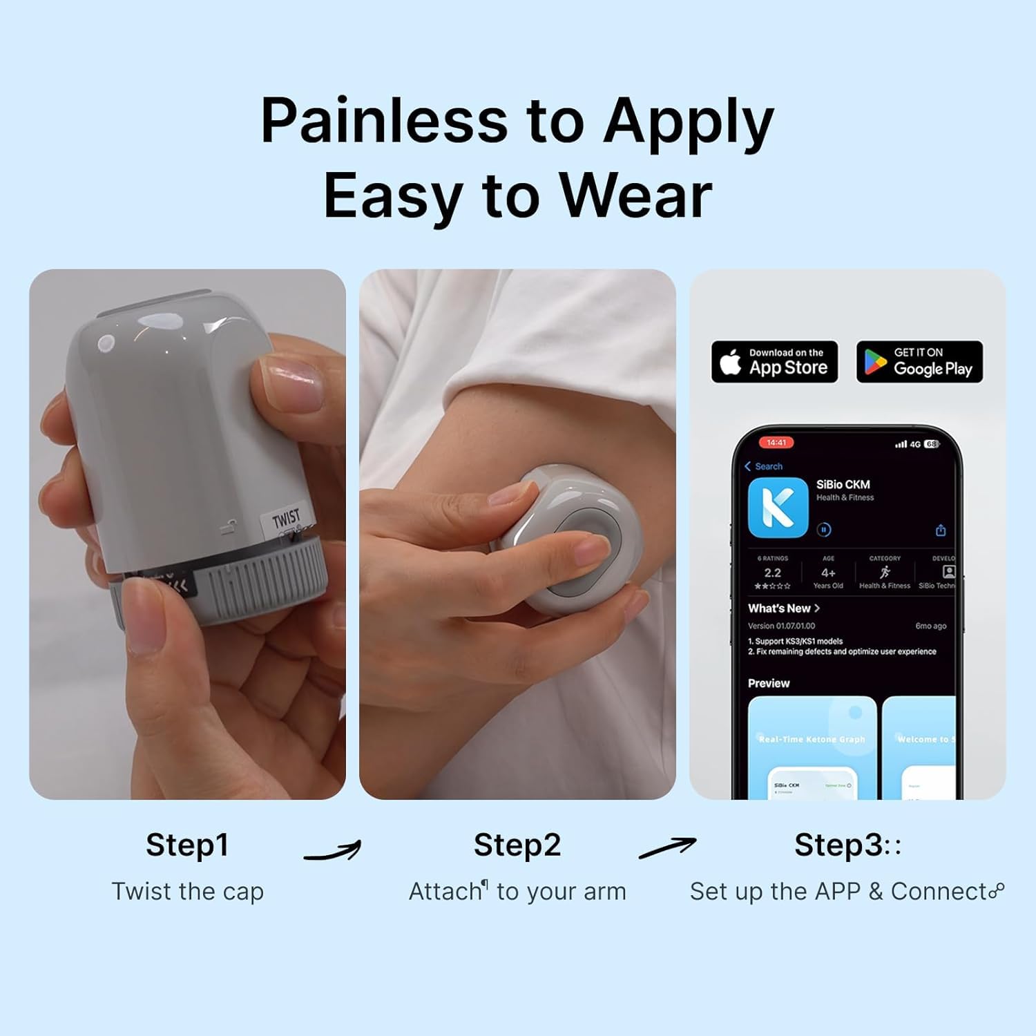 SIBIO KS3 Kontinuierliches Keton-Monitoring (CKM), 14-Tage Wearable-Sensor zur präzisen Ketose-Überwachung, professionelles Echtzeit-Tracking für ketogene & Low-Carb-Diäten, kompatibel mit iOS/Android